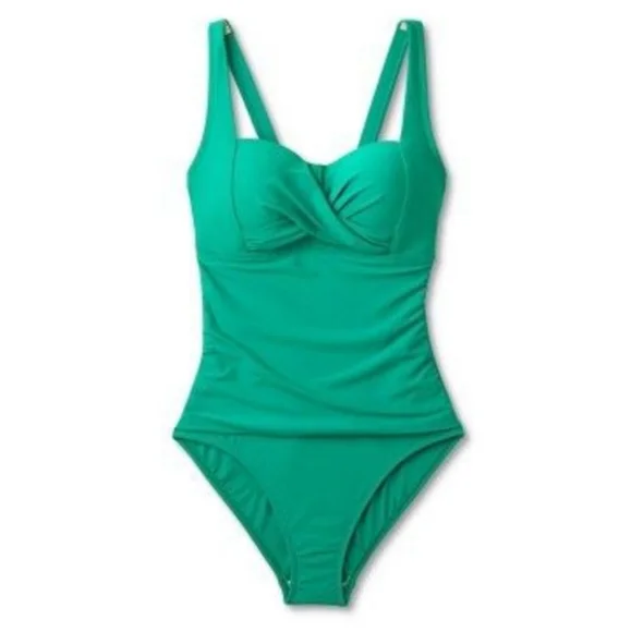 NEW Kona Sol Twist-Front Square Neck Full Coverage One Piece Swimsuit Green